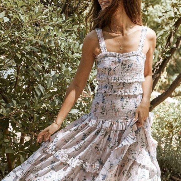 Saylor Altea Smocked Floral Printed Cotton Midi Dress Ruffle Tiered S New - Picture 2 of 11